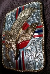 NWOT LG RED BLUE STRIPE GOLD EAGLE ROPE TRIM SILVER 3D BELT BUCKLE 1 1/2&Prime; $65