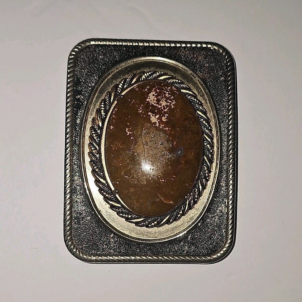 Western Rectangular Metal Belt Buckle Brown Oval Stone Inlay Men’s 1.5 in