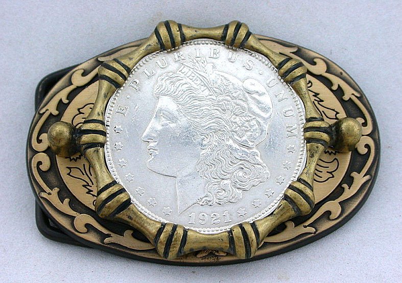 Gold Color Oval Western REAL 1921 Morgan Silver Dollar Belt Buckle epbb84