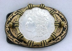 Gold Color Oval Western REAL 1921 Morgan Silver Dollar Belt Buckle epbb84