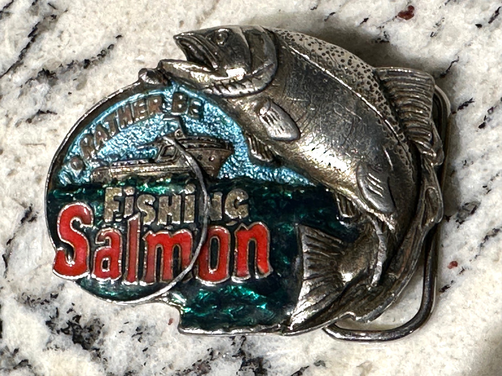 I&rsquo;D RATHER BE FISHING SALMON Vintage 1982 Belt Buckle Great American Buckle Co