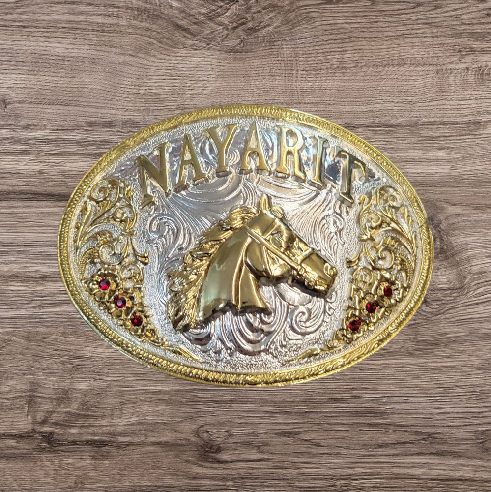 Cowboy Belt Buckle For Men Nayarit Horse Head 4.25&Prime;x3.25&Prime; Silver Tone/Gold