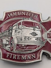 Vintage 1979 Volunteer Fireman Belt Buckle Pewter Red Enamel Engine 17
