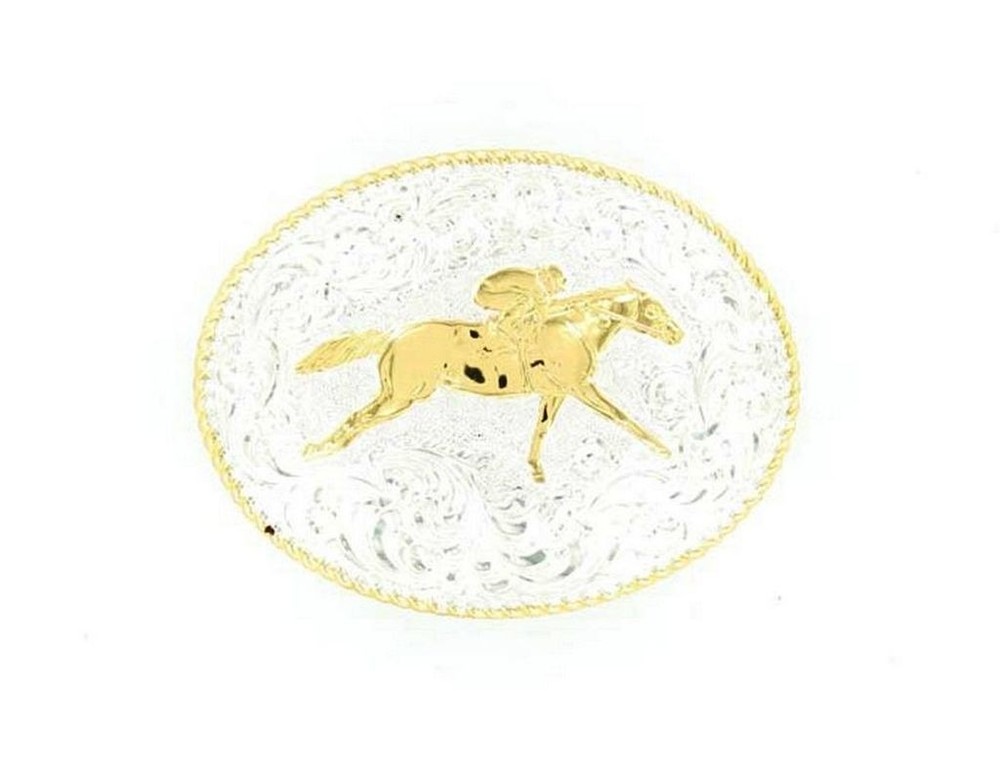 Crumrine Western Belt Buckle Oval Racing Horse Silver C02116
