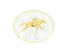 Crumrine Western Belt Buckle Oval Racing Horse Silver C02116