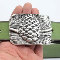 Pine Cone Belt Buckle in Antique Silver – Handmade Forest Motif Buckle