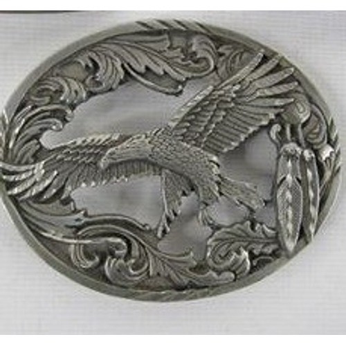 Vintage Style Eagle Belt Buckle Silver Tone Western Scrollwork Oval Metal