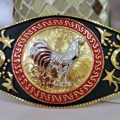 Rooster Western Men Long belt Buckle 7×3.25 Gold , red and black oblong