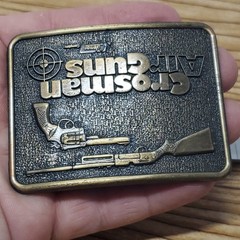 Vtg Crossman Air Guns Brass Belt Buckle Century Canada 2×2.75&Prime; EUC Coleman