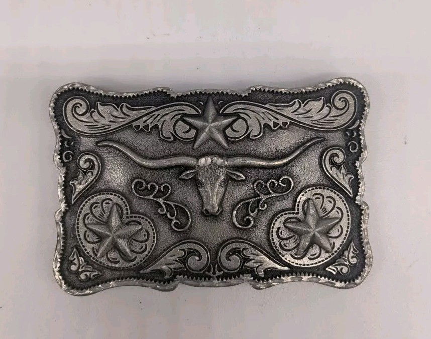 Western Legends Lone Star Long Horn Silver Tone Belt Buckle