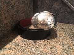 RARE!!! Huge Kieselstein Cord Silver Turtle Buckle W/Black Alligator Belt Size 1