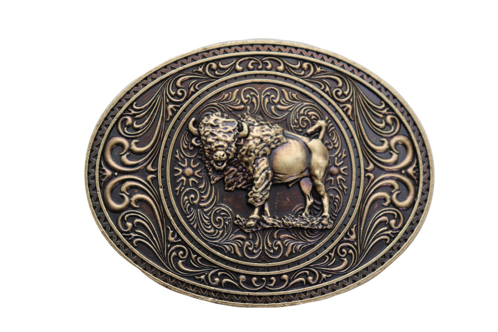 Men Gold Metal Buffalo Bull Belt Buckle Cowboy Western Fashion Oval Shape Casual