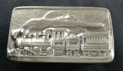 TRAIN STEAM ENGINE AMERICAN LOCOMOTIVE SUN CLOUDS CAR TENDER BELT BUCKLE