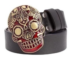 Gold Red Sugar Skull Belt Buckle Metal BU139 (Belt Not Included)