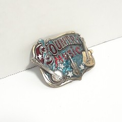 VTG 80s Country Music Belt Buckle Great American USA Guitar Violin Banjo Enamel