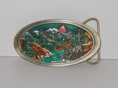 C+J Alaska Belt Buckle Made USA C&J 1987 Multi Colored Eagle Elk Denali Sun