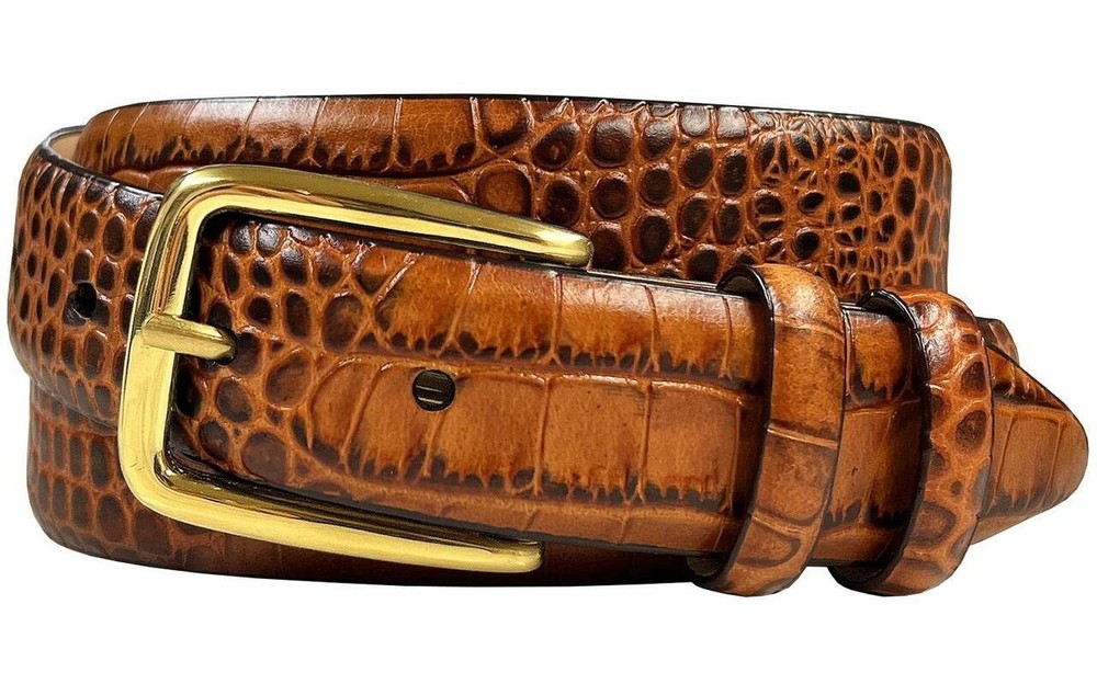 Andrew Men&rsquo;s Dress Belt Solid Brass Buckle (Gold) 34, Gold-alligator Tan