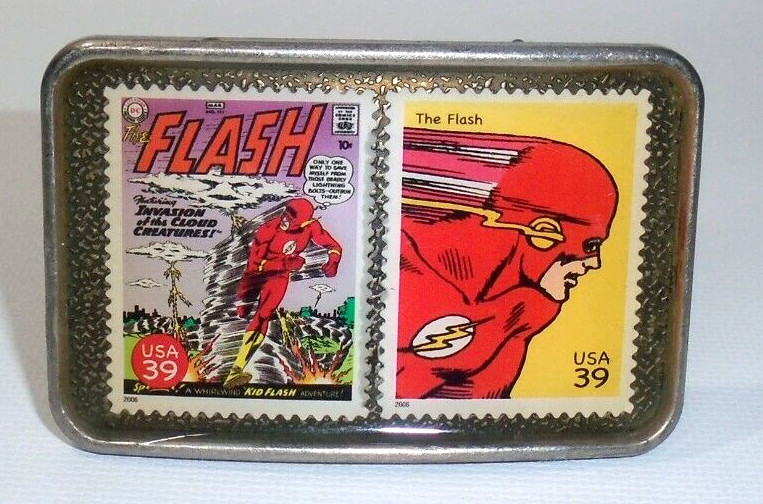 Flash Superhero Belt Buckle Hand Made with Authentic USA Postage Stamps