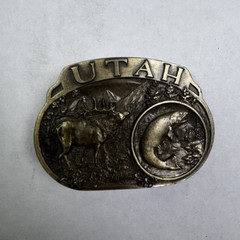Vintage 80&rsquo;s 1985 UTAH Deer Elk Trout C+J Oval Belt Buckle Pewter Made in USA
