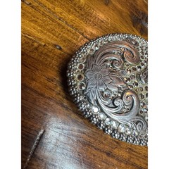 Nocona Silver Horse Head Rhinestone Western Floral Scroll Oval Belt Buckle
