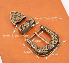 Western Belt Buckle Three Piece Set Antique Brass Floral Design Unisex 1 1/2&Prime;
