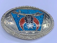 Egyptian Revival Turquoise Coral Inlay Silver Tone Oval Belt Buckle Signed
