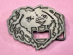 Roaring Lion Head Silver Tone Cutout Belt Buckle and Bottle Opener