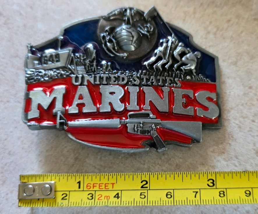 Silver United States Marines USMC Patriotic Belt Buckle Red Blue Flag
