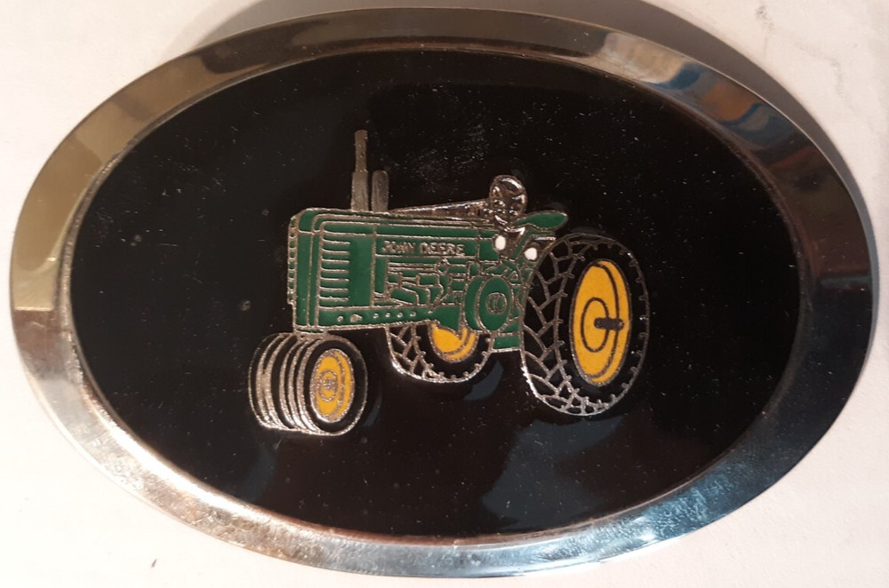 belt buckle John Deere tractor silver black oval Spec Cast 3.75&Prime; long