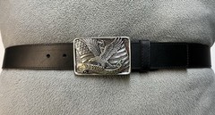 Patriotic Buckle & Black Bonded Leather Belt Sz 44 God Bless America Eagle Flag