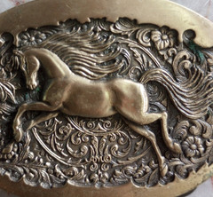 Vtg Award Design Medals Solid Brass Horse Belt Buckle Oval Western Floral Scroll