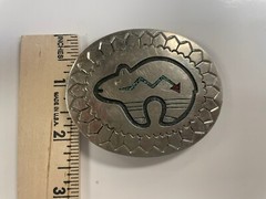 Vintage Silver Turquoise And Coral Inlaid Bear Belt Buckle Signed T
