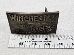 Vtg Brass Belt Buckle Winchester Repeating Arms New Haven Conn. Rifle Guns 4”