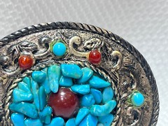 VTG Turquoise Belt Buckle Red Color Stones South Western Country Style Oval