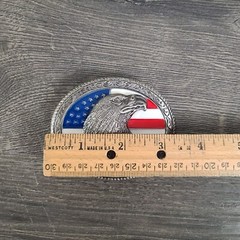 Oval American Flag w/Eagle Head Belt Buckle Antique Silver Tone Red White Blue