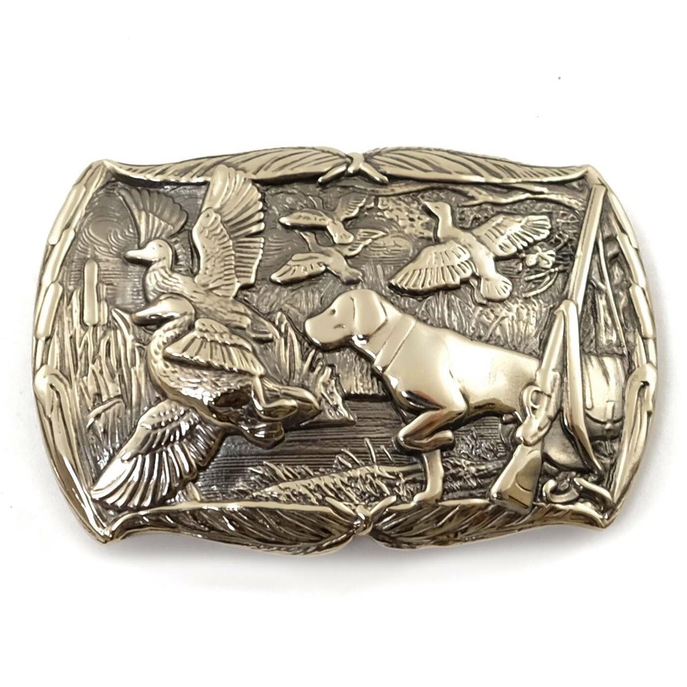 German silver belt buckle « Duck hunting », Trophy belt buckle, Hunter belt buckle