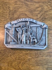 VINTAGE Pewter Hughes Oil Tool Division Belt Buckle Rock Bit Drilling Rig Detail