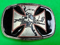 Maltese Iron Cross with Skull Cutout Black Enamel Gothic Punk Vibe Belt Buckle