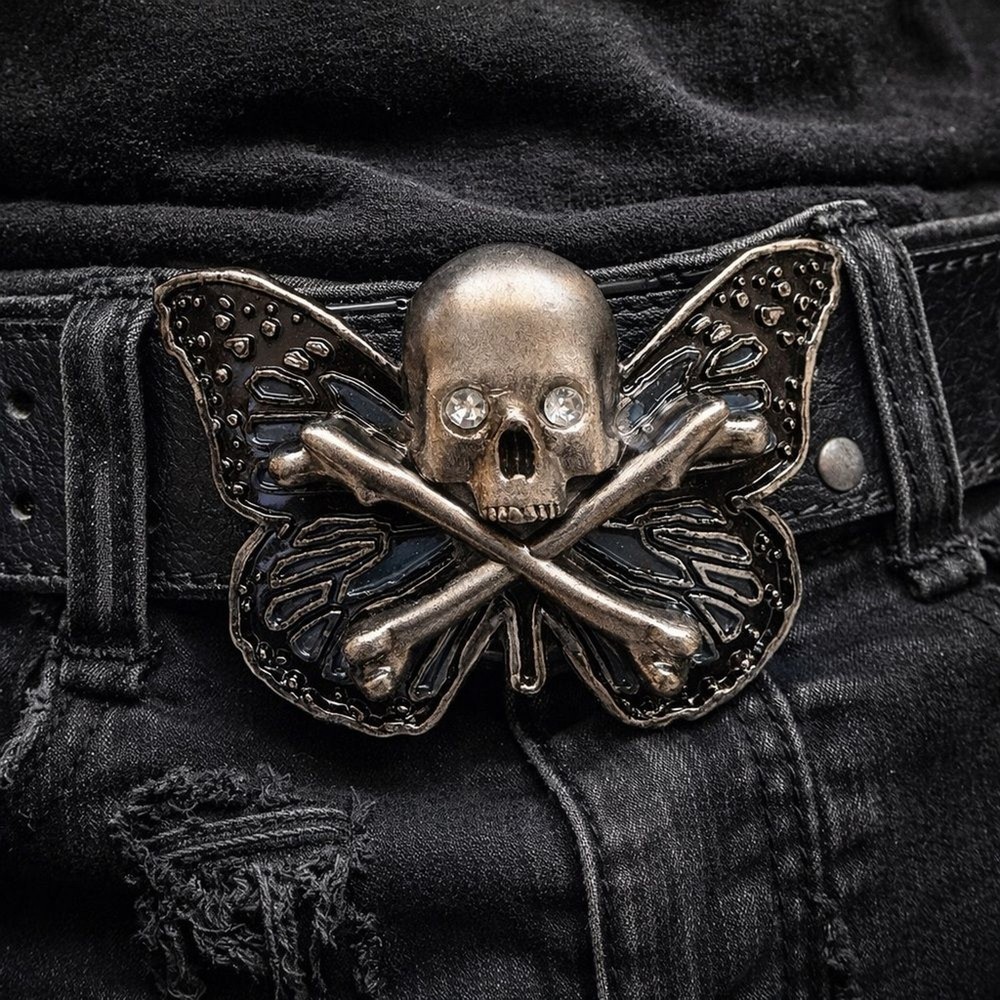 Gothic Skull Butterfly Belt Buckle Rhinestone Eyes Dark Grunge 3.5&Prime;x2.5&Prime; Punk