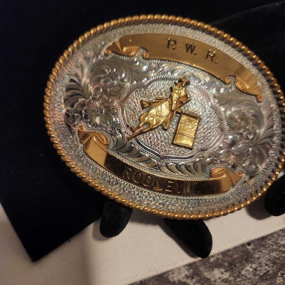 Western Barrel Racing Trophy Belt Buckle P.W.R. Rodney Two Tone Silver Gold Oval