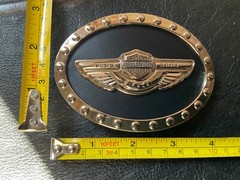 Harley-Davidson 100th Anniversary belt buckle.Bar&Shield w/wings.Chrome plated.