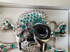 Skull & Crossbones Silver Heavy Metal Belt Buckle with Aqua & White Rhinestones