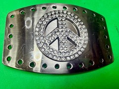Peace Symbol Sign Rhinestone Bling Hole Border Hippy Silver Tone Belt Buckle