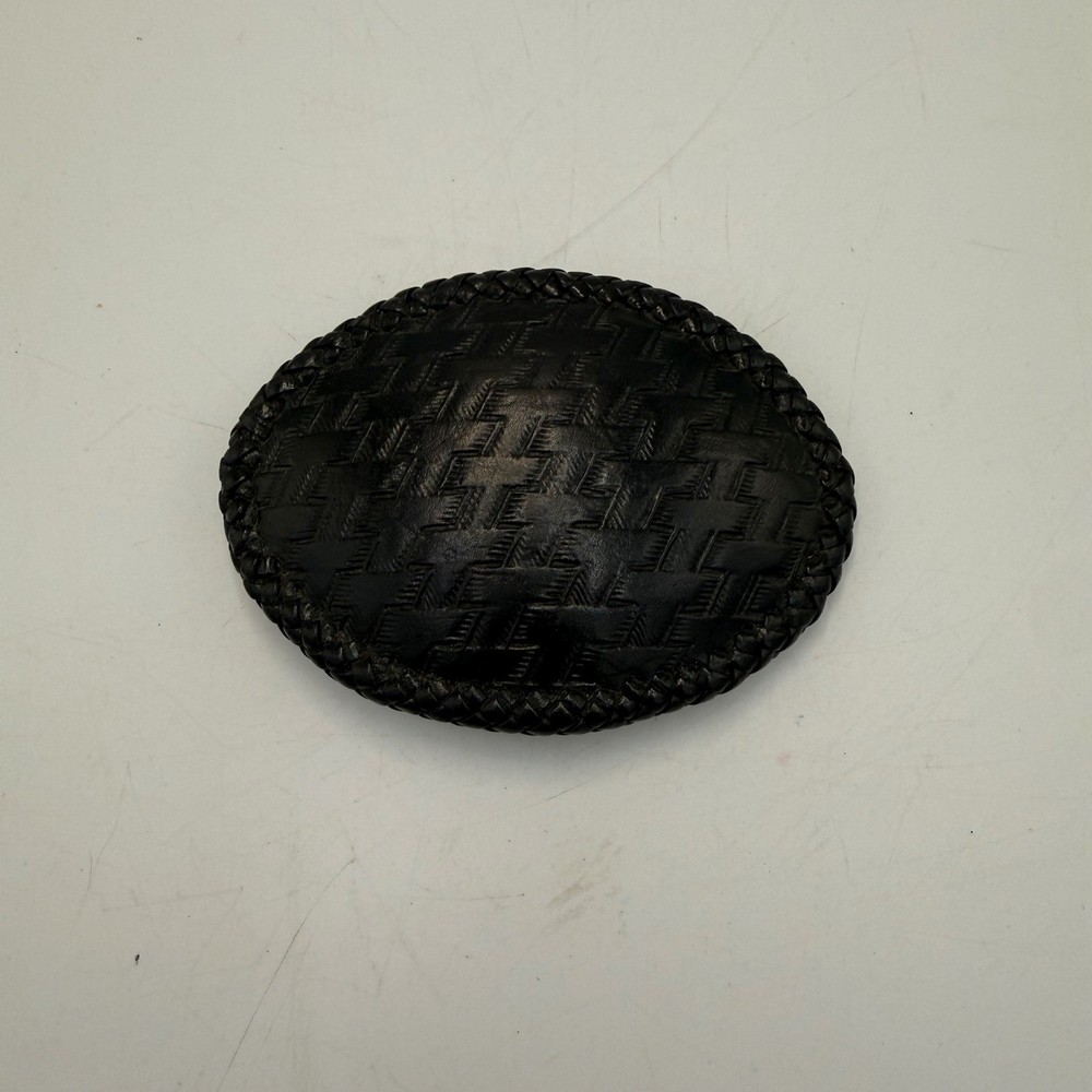 Vintage LS Handcrafted Western Cowboy Black Basketweave Leather Oval Belt Buckle
