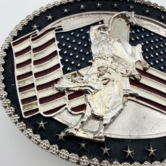 Bull Rider USA Rodeo Cowboy AMERICAN FLAG Silver Tone Belt Buckle