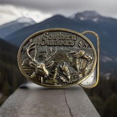 Belt Buckle Southern Outdoors Deer Bass Fish Duck Gold Limited Edition Vintage