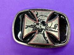 Maltese Iron Cross with Skull Cutout Black Enamel Gothic Punk Vibe Belt Buckle