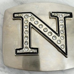 Rhinestone Studded N Letter Initial Monogram Silver Tone Belt Buckle