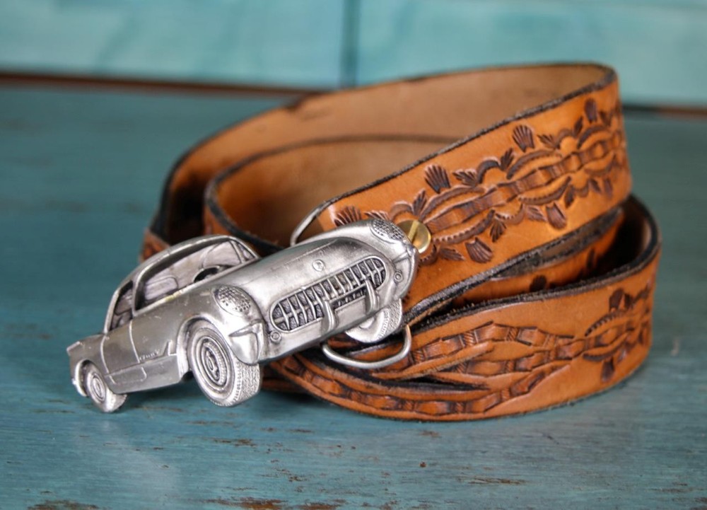 Vintage Bergamot Brass Works 1981 Corvette Belt Buckle 42&Prime; Tooled Leather Belt