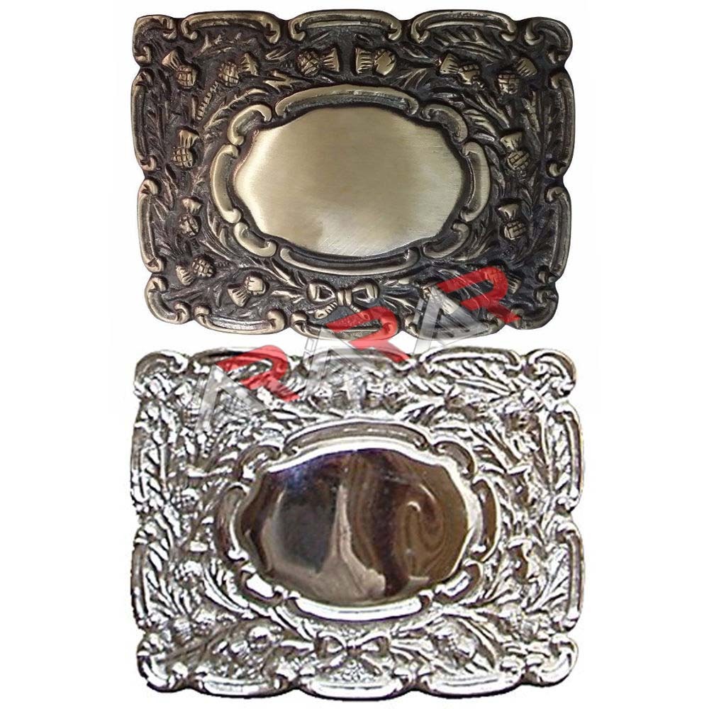 AAR Highland Piper Thistle Design Kilt Belt Buckle Brass Antique / Chrome Finish